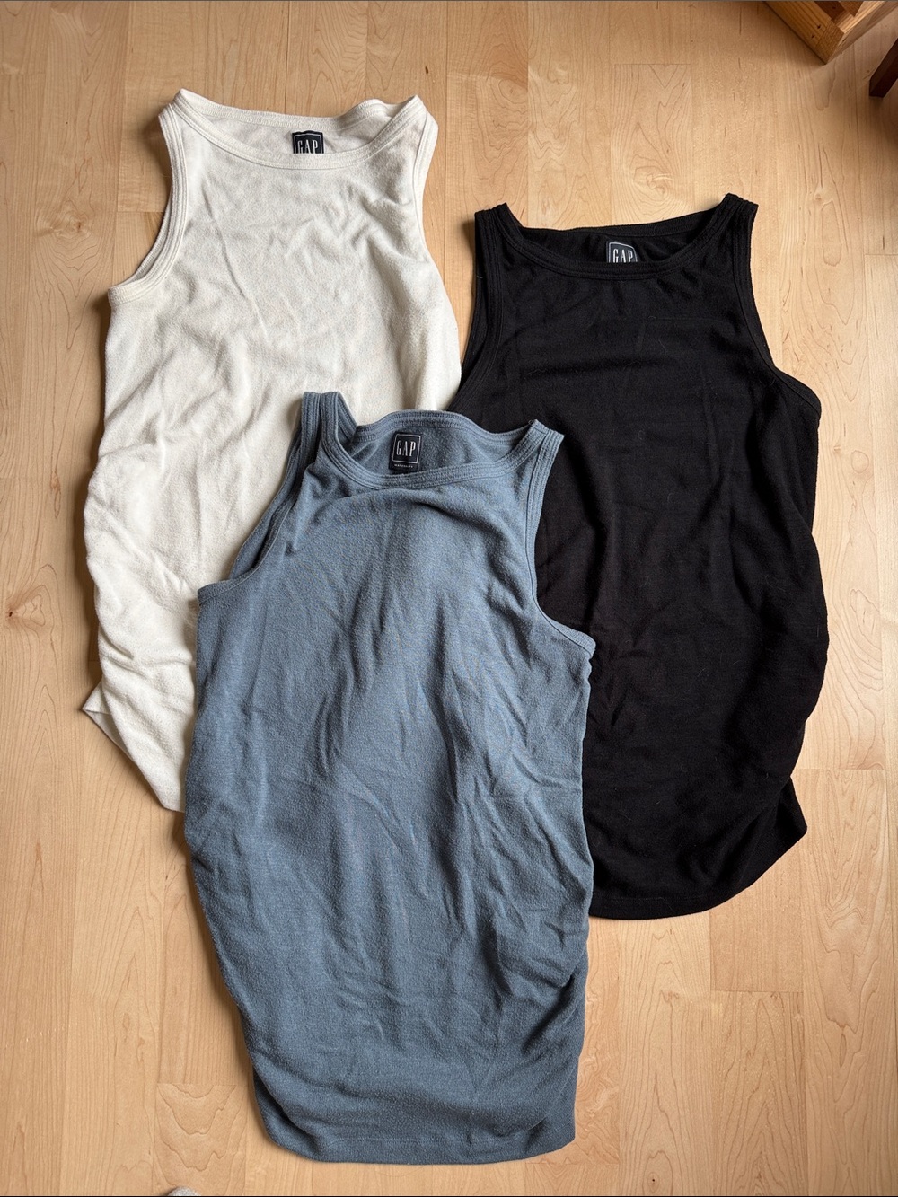 GAP maternity Tank Trio - Black, Cream, Dusty Blue